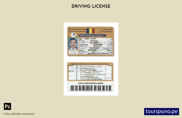 Plantilla de licencia de conducir de Chad (Republique du Tchad) lista para impri